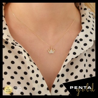 Penta Gold - 14 Ayar Altın Kral Tacı Swarovski Taşlı Kolye