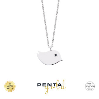 Penta Gold - 14 Ayar Altın Kuşlu Swarovski Taşlı Kolye