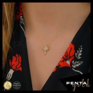 Penta Gold - 14 Ayar Altın Kutup Yıldızı Swarovski Taşlı Kolye (1)