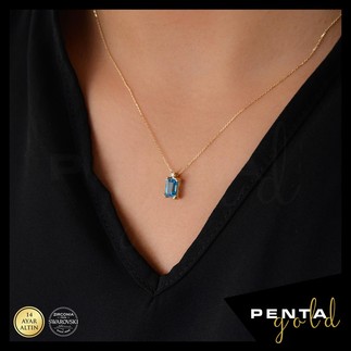 Penta Gold - 14 Ayar Altın Mavi Topaz Baget Kolye