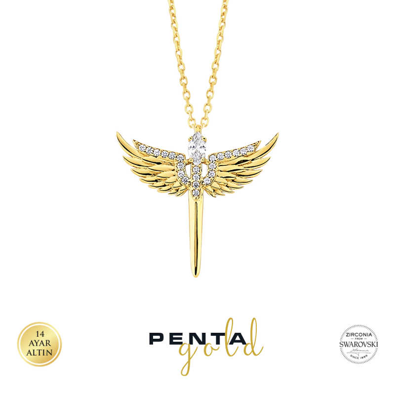 14 Ayar Altın Mikail Melek Swarovski Kolye Penta Silver