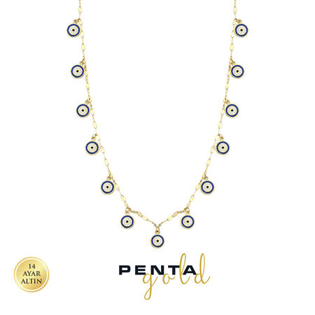 Penta Gold - 14 Ayar Altın Mineli Sıra Nazar Kolye