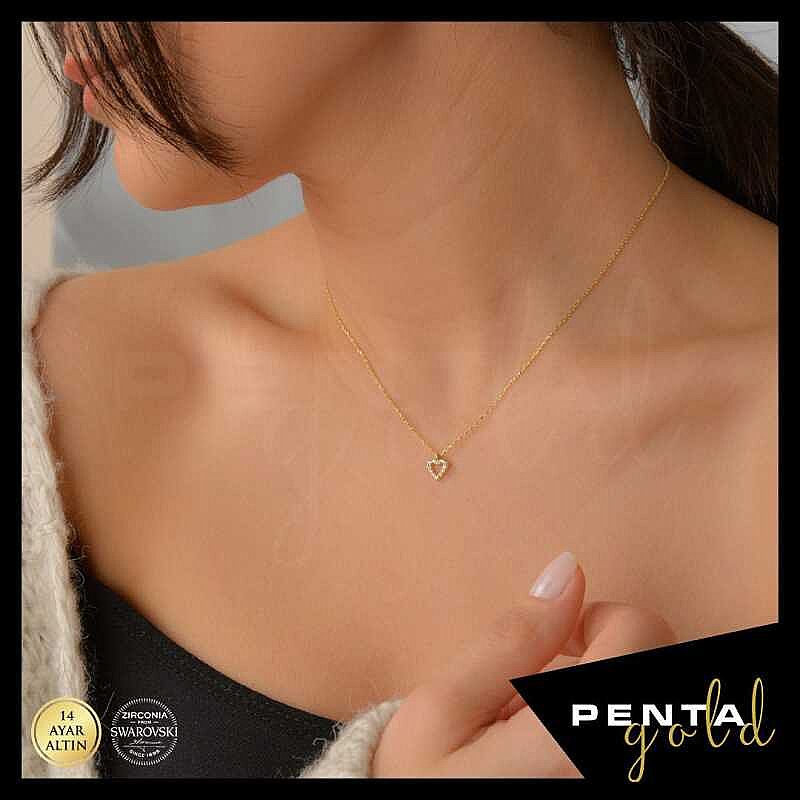 14 Ayar Altın Minik Kalpli Swarovski Taşlı Kolye - 3
