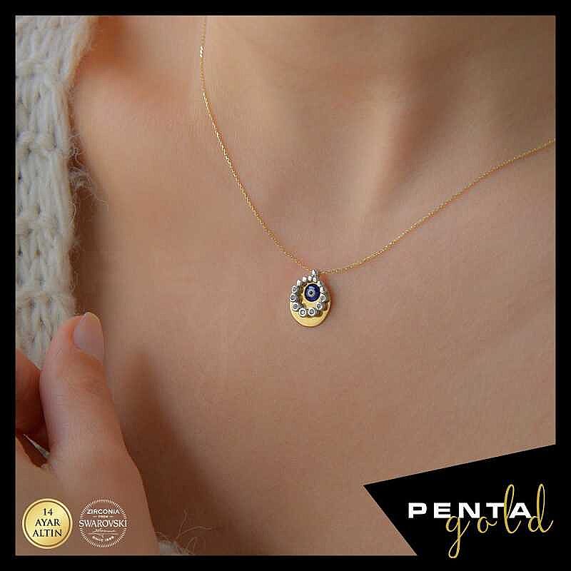14 Ayar Altın Nazar Boncuklu Swarovski Kolye - 2