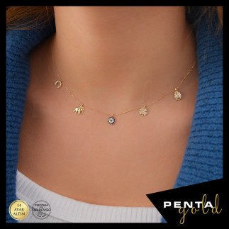 Penta Gold - 14 Ayar Altın Nazar Şans Kolyesi Swarovski Taş