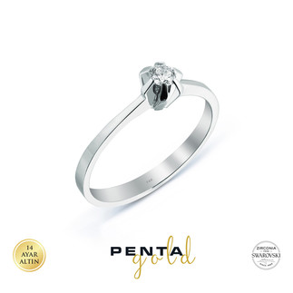 14 Ayar Altın Oval Altı Tırnak Tektaş Yüzük 0,12 ct. Swarovski Taşlı - Thumbnail