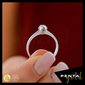 Penta Gold - 14 Ayar Altın Oval Altı Tırnak Tektaş Yüzük 0,12 ct. Swarovski Taşlı