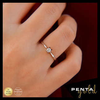 14 Ayar Altın Oval Altı Tırnak Tektaş Yüzük 0,12 ct. Swarovski Taşlı - Thumbnail