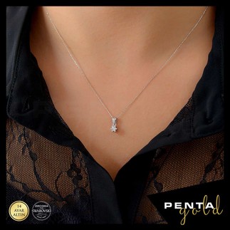 Penta Gold - 14 Ayar Altın Oval Tırnak Swarovski Tektaş Kolye (1)