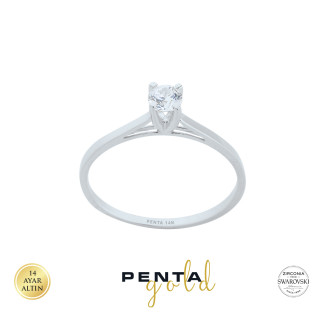 Penta Gold - 14 Ayar Altın Oval Tırnak Swarovski Tektaş Yüzük