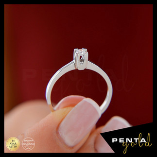 14 Ayar Altın Oval Tırnak Tektaş Yüzük 0,12 ct. Swarovski Taşlı - Thumbnail