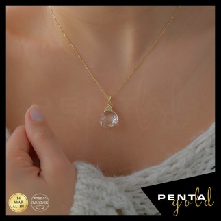 Penta Gold - 14 Ayar Altın Quarts Crystal Doğal Taşlı Fancy Kolye