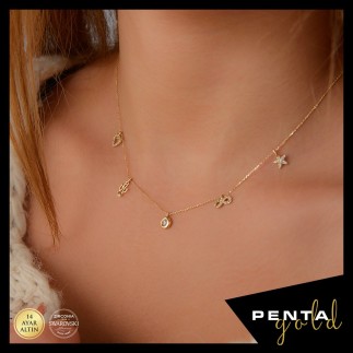 Penta Gold - 14 Ayar Altın Şans Kolyesi Swarovski Taşlı