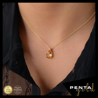 Penta Gold - 14 Ayar Altın Sitrin Topaz Damla Kolye