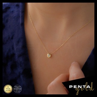 Penta Gold - 14 Ayar Altın Sıvama Tektaş Swarovski Kolye