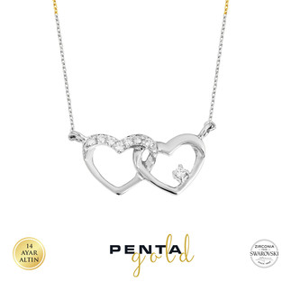 Penta Gold - 14 Ayar Altın Swarovski Bağlı Kalpler Kolye