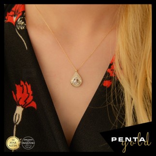 Penta Gold - 14 Ayar Altın Swarovski Damla Tuğra Kolye (1)