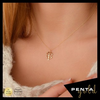 Penta Gold - 14 Ayar Altın Swarovski Dört Yaprak Yonca Kolye