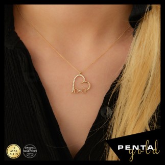 Penta Gold - 14 Ayar Altın Swarovski Fiyonklu Kalp Kolye (1)