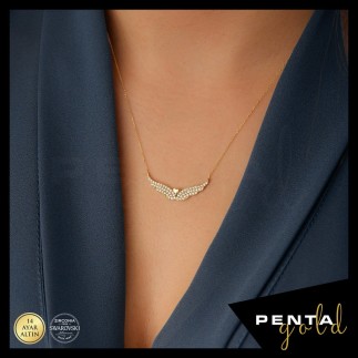 Penta Gold - 14 Ayar Altın Swarovski Kalpli Melek Kanadı Kolye (1)