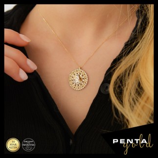 Penta Gold - 14 Ayar Altın Swarovski Kalpli Tuğra Kolye