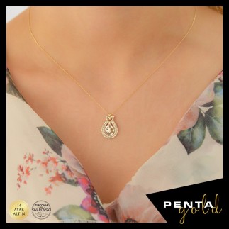 Penta Gold - 14 Ayar Altın Swarovski Lale Motifli Tuğra Kolye