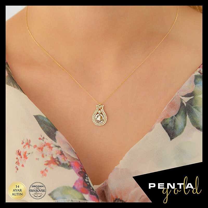 14 Ayar Altın Swarovski Lale Motifli Tuğra Kolye - 2