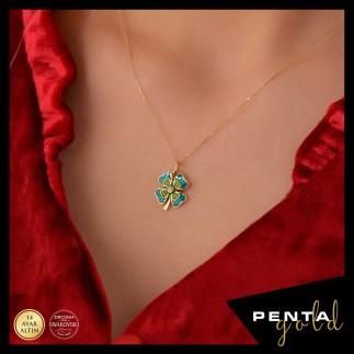 Penta Gold - 14 Ayar Altın Swarovski Mineli Dört Yaprak Yonca Kolye (1)