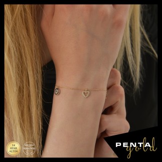 Penta Gold - 14 Ayar Altın Swarovski Nazar Boncuklu Şans Bilekliği