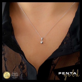 Penta Gold - 14 Ayar Altın Swarovski Oval Altı Tırnak Tektaş Kolye (1)