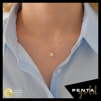 Penta Gold - 14 Ayar Altın Swarovski Palmiye Kolye (1)