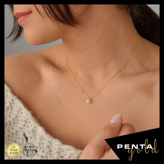 Penta Gold - 14 Ayar Altın Swarovski Taşlı Anturaj Kolye