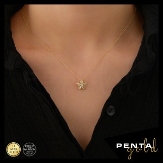 Penta Gold - 14 Ayar Altın Swarovski Taşlı Çiçek Kolye