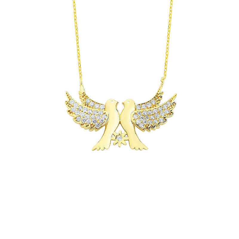14 Ayar Altın Swarovski Taşlı Çift Kumru Kolye - 3
