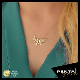 Penta Gold - 14 Ayar Altın Swarovski Taşlı Çift Kumru Kolye (1)