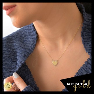 Penta Gold - 14 Ayar Altın Swarovski Taşlı Dolgu Kalpli Kolye