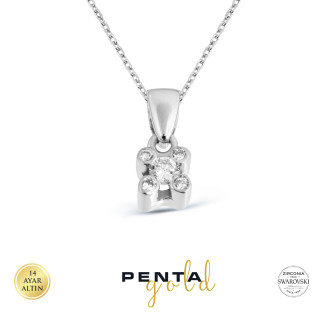 Penta Gold - 14 Ayar Altın Swarovski Taşlı Dört Tırnak Tektaş Kolye (1)