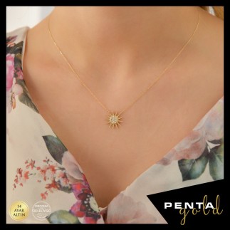 Penta Gold - 14 Ayar Altın Swarovski Taşlı Güneş Kolye