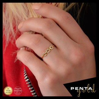 Penta Gold - 14 Ayar Altın Swarovski Taşlı Kare Halat Yüzük