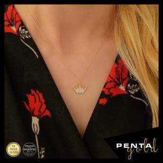 Penta Gold - 14 Ayar Altın Swarovski Taşlı Kral Tacı Kolye (1)