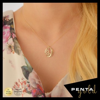 Penta Gold - 14 Ayar Altın Swarovski Taşlı Kuğu Kolye