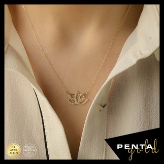 Penta Gold - 14 Ayar Altın Swarovski Taşlı Lotus Çiçeği Kolye (1)