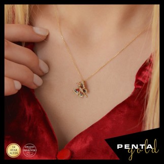 Penta Gold - 14 Ayar Altın Swarovski Taşlı Mineli Kelebek Kolye (1)