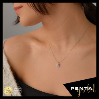 Penta Gold - 14 Ayar Altın Swarovski Taşlı Oval Anturaj Kolye