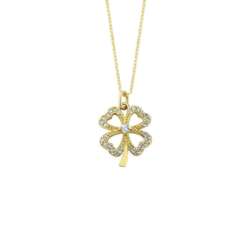 14 Ayar Altın Swarovski Taşlı Yonca Kolye - 3
