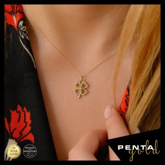 Penta Gold - 14 Ayar Altın Swarovski Taşlı Yonca Kolye