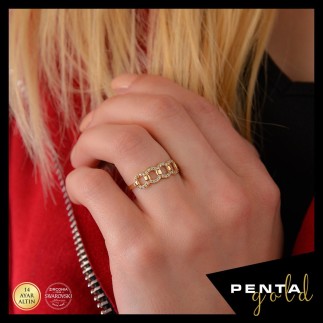 Penta Gold - 14 Ayar Altın Swarovski Taşlı Yuvarlak Halat Yüzük