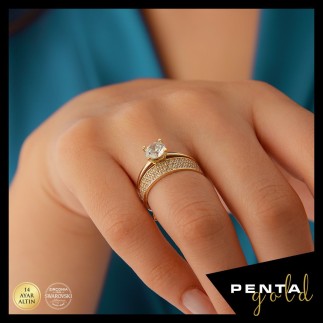 Penta Gold - 14 Ayar Altın Swarovski Tektaş Alyans Yüzük (1)