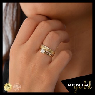 Penta Gold - 14 Ayar Altın Swarovski Tektaş Barok Motif Yüzük (1)