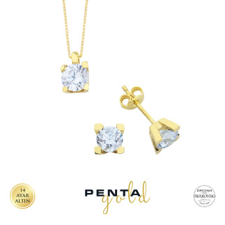 Penta Gold - 14 Ayar Altın Swarovski Tektaş Küpe Kolye Set (1)